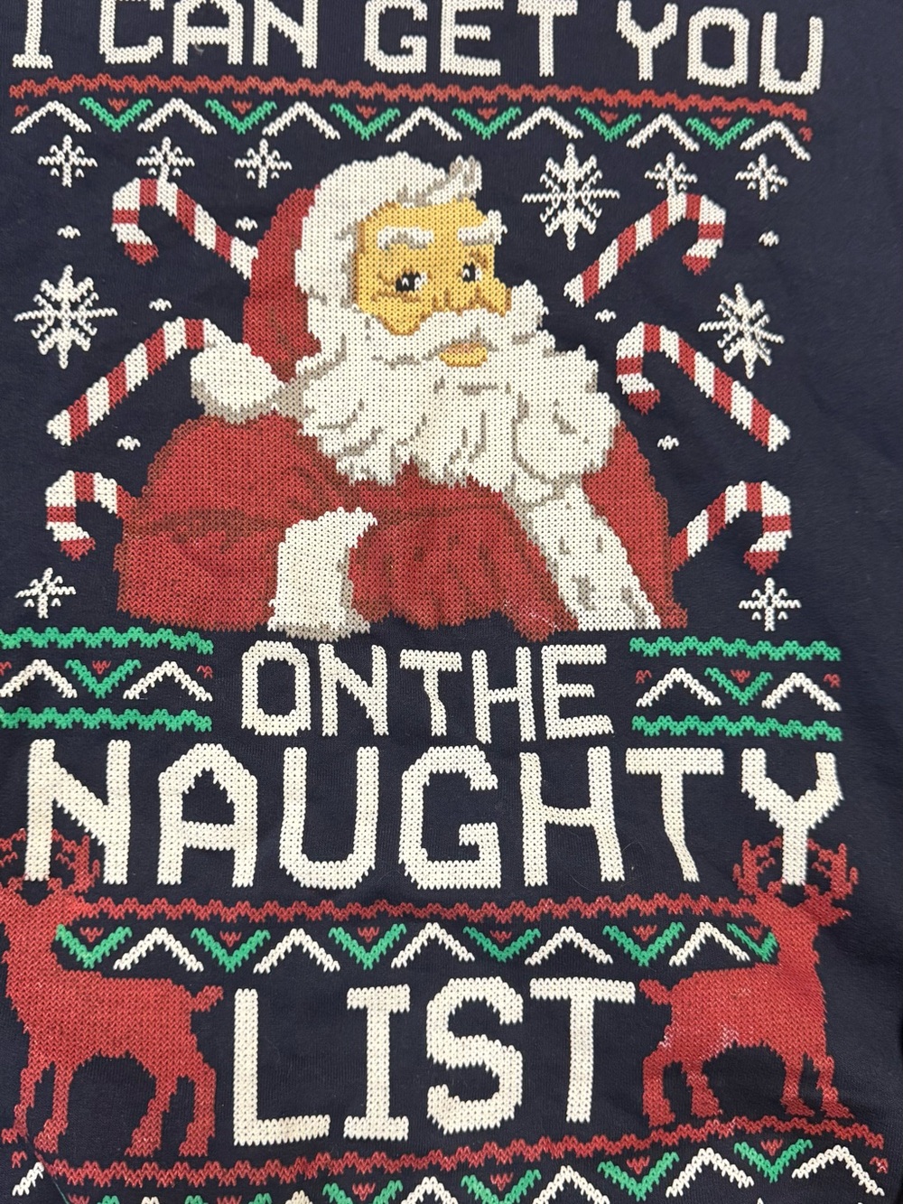 Jerzees Navy Graphic Naughty Santa Holiday Tee with White Stitch Detail size L